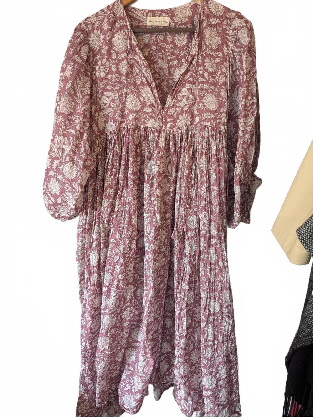 Daughters of India XL Pink Floral Print V-Neck Dress with Puff Sleeves
